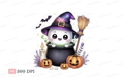 Cute ghost witch in cauldron with pumpkins Halloween Product Image 1