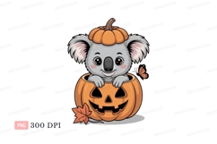 Cute koala wearing pumpkin hat peeking from jack o lantern Product Image 1