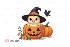 Cute chick in pumpkin wearing witch hat bird Product Image 1
