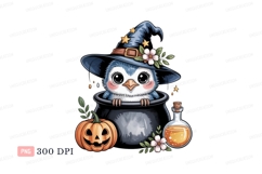 Cute blue bird witch in cauldron pumpkin Product Image 1
