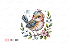 Adorable bird with pink bow on branch flower leaves Product Image 1