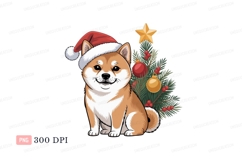 Shiba Inu wearing Santa hat near Christmas tree image Product Image 1