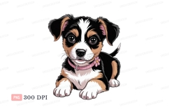 Adorable tri color puppy with pink flower collar canine Product Image 1