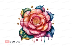 Pink orange camellia dripping gold flower blue Product Image 1