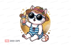 Cat wearing hat and sunglasses holding drink feline Product Image 1