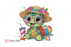 Cute turtle wearing straw hat and glasses cartoon beach Product Image 1