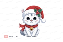 White kitten wearing Christmas hat scarf and bell image Product Image 1