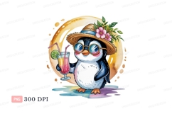 Penguin wearing hat and sunglasses holding drink cocktail Product Image 1