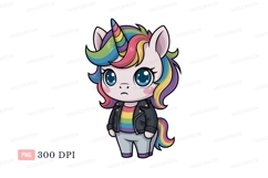 Chibi unicorn wearing leather jacket and rainbow shirt Product Image 1