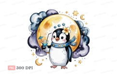 Penguin holding cocktail under moon stars clouds Product Image 1