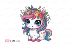 Cute unicorn with colorful mane and floral crown fantasy Product Image 1