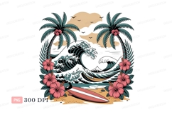 Tropical surf scene with palm trees and hibiscus flowers Product Image 1