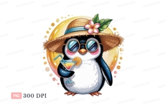 Penguin wearing straw hat and sunglasses holding cocktail Product Image 1