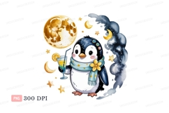 Cute penguin drinking beverage under moon stars night Product Image 1
