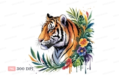 Fierce tiger surrounded by vibrant jungle flora flowers Product Image 1