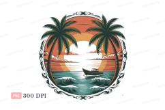 Tropical sunset ocean boat palm trees image Product Image 1