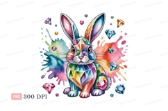 Colorful faceted rabbit surrounded by gems and paint splatte Product Image 1