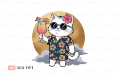 White cat wearing tropical attire holding cocktail Product Image 1
