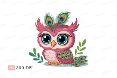 Pink owl with peacock feathers eyes Product Image 1