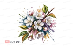 White cherry blossoms watercolor splash pink green Product Image 1