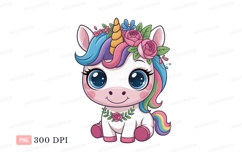 Cute unicorn with flowers and rainbow mane fantasy Product Image 1