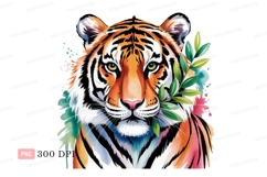 Fierce tiger with green leaves feline animal Product Image 1