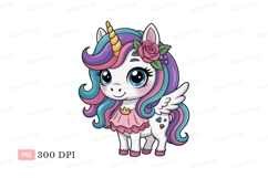 Cute unicorn with pink dress and colorful mane fantasy Product Image 1