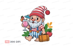 Cheerful gnome with pink drink and suitcase image Product Image 1
