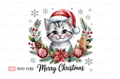 Kitten wearing Santa hat surrounded by Christmas decorations Product Image 1