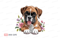 Boxer puppy with pink flowers canine animal Product Image 1