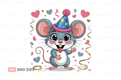 Cheerful mouse wearing party hat celebration hearts Product Image 1