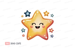 Smiling yellow star surrounded by smaller stars orange Product Image 1