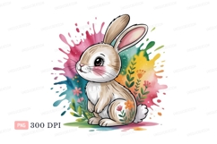 Cute bunny surrounded by colorful splashes and flowers Product Image 1