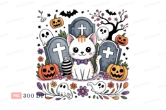 Cute cat ghost pumpkins graveyard Halloween Product Image 1
