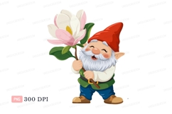 Cheerful gnome holding pink white magnolia flower image Product Image 1