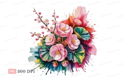 Pink begonia blossoms watercolor splash leaves Product Image 1