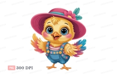 Yellow chick wearing pink hat and blue overalls image Product Image 1