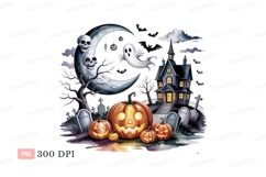 Spooky Halloween Night Scene With Pumpkins ghost moon Product Image 1