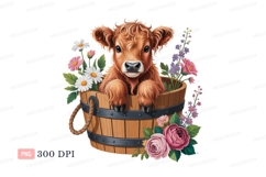 Fluffy calf in wooden bucket with flowers highland Product Image 1