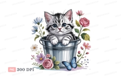 Fluffy kitten in bucket surrounded by flowers roses Product Image 1