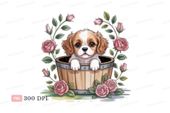 Adorable puppy in wooden bucket surrounded by roses Product Image 1