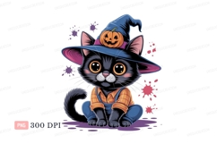 Cute black cat wearing witch hat and overalls kitten Product Image 1