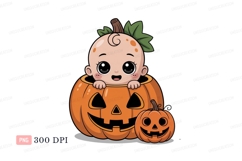 Baby inside carved pumpkin with smaller pumpkin halloween Product Image 1