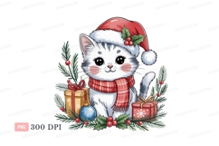 Festive cat wearing santa hat and scarf kitten christmas Product Image 1