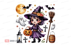 Cute witch with pumpkin and ghost halloween moon Product Image 1