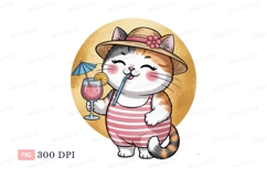 Cat wearing straw hat drinking cocktail kitten animal Product Image 1