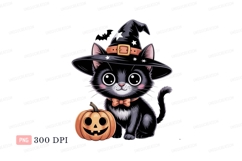 Black cat witch with pumpkin stars Product Image 1