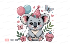 Cute koala wearing party hat with balloons and cupcake Product Image 1