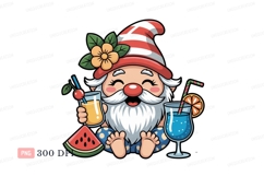 Cheerful gnome enjoying summer drinks watermelon cherry Product Image 1