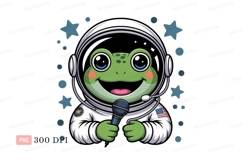 Green frog astronaut holding microphone space stars Product Image 1